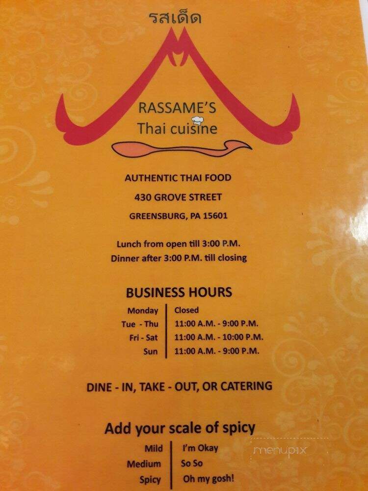 Rassame's Thai Cuisine - Greensburg, PA menu_pic