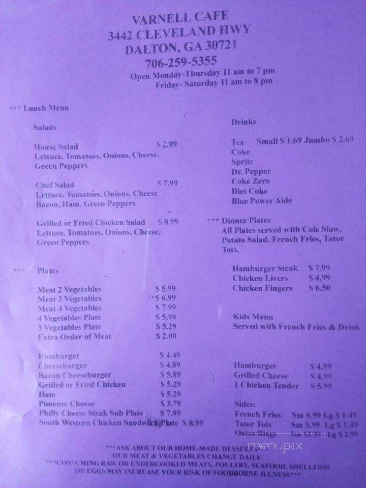Varnell Cafe - Dalton, GA menu_pic
