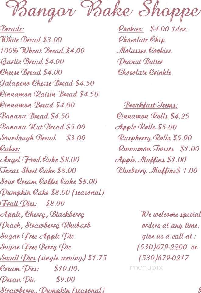 Bangor Bake Shoppe - Bangor, CA menu_pic