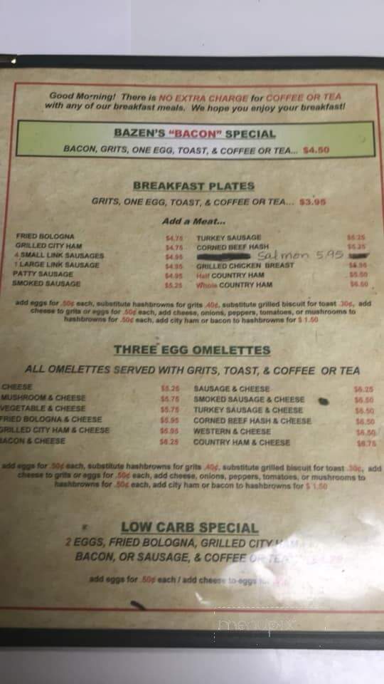 Bazen's Family Restaurant - Florence, SC menu_pic