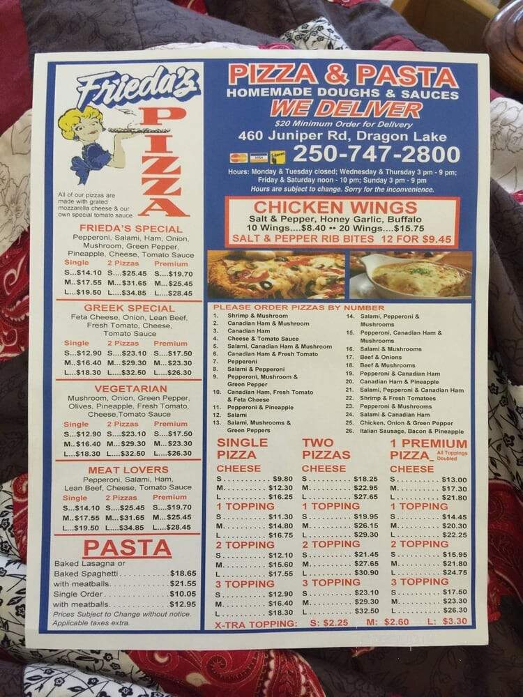 Frieda's Pizza No 2 - Quesnel, BC menu_pic