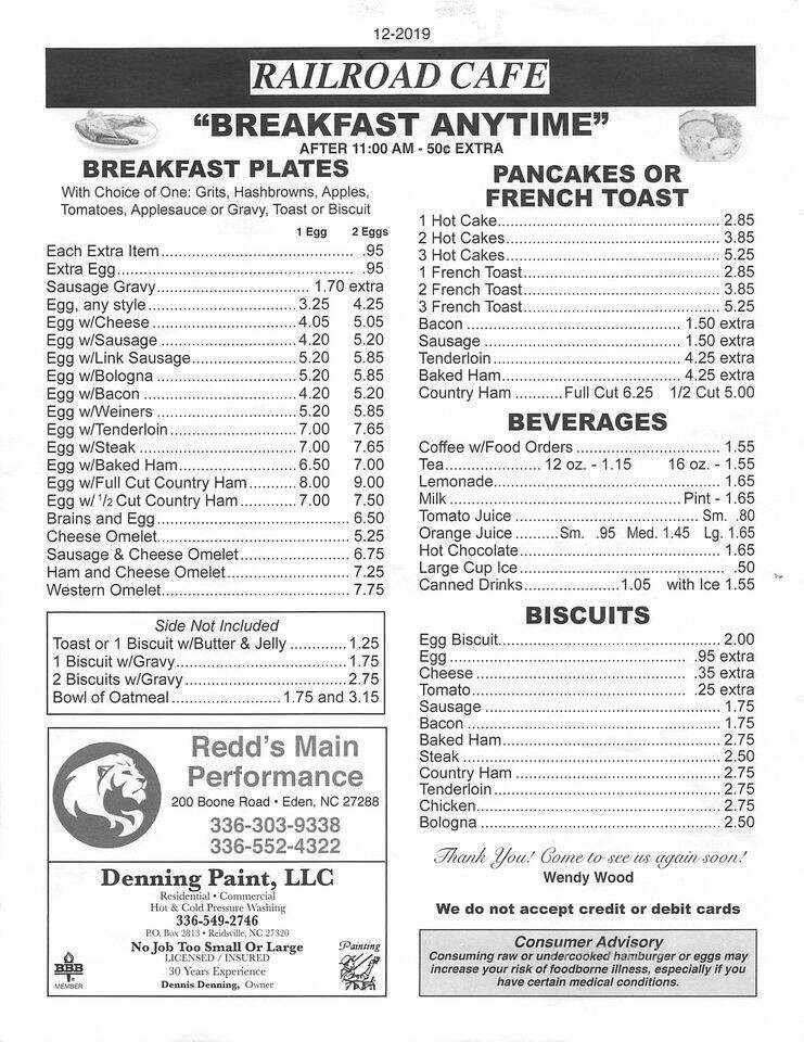Railroad Cafe - Eden, NC menu_pic