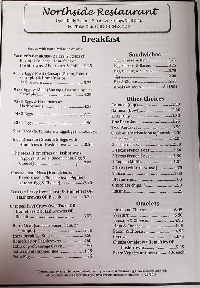 Northside Restaurant - Mount Union, PA menu_pic