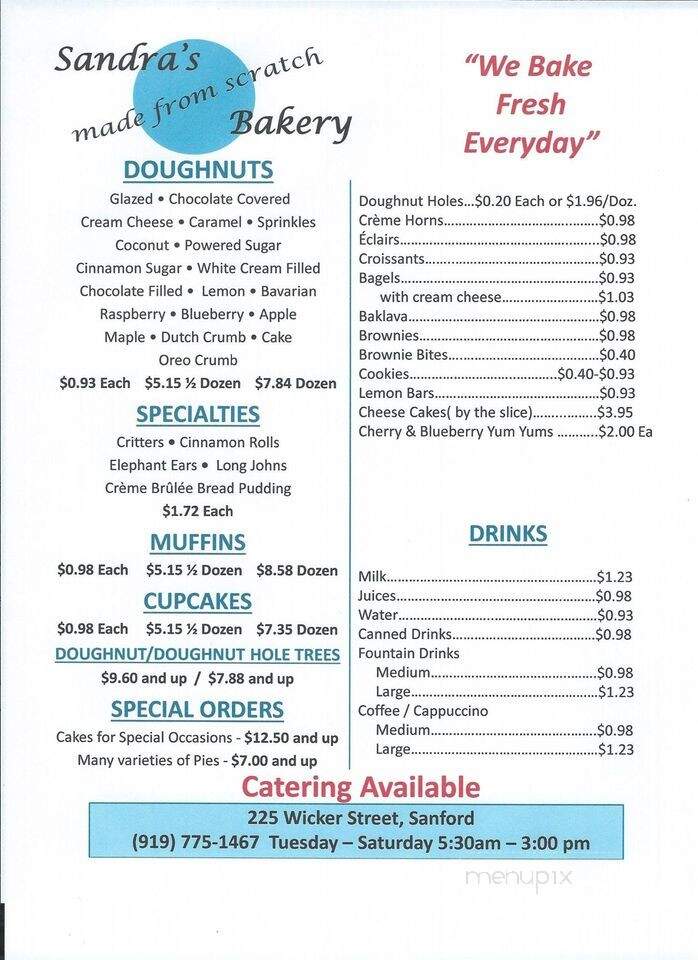 Sandra's Bakery - Sanford, NC menu_pic
