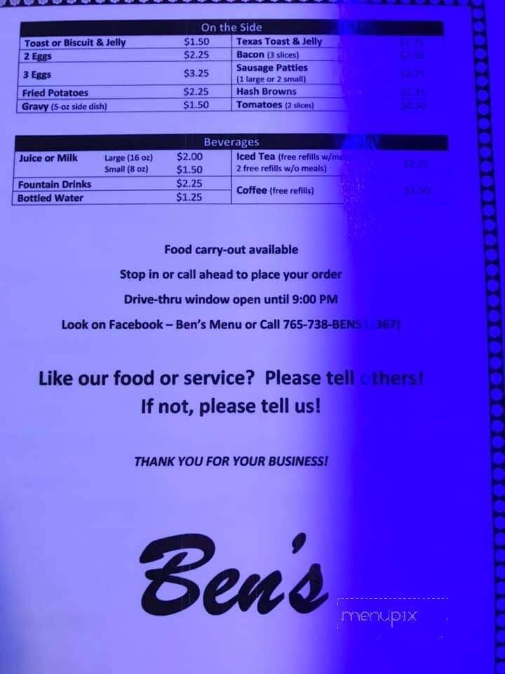 Ben's Bar - Shirley, IN menu_pic