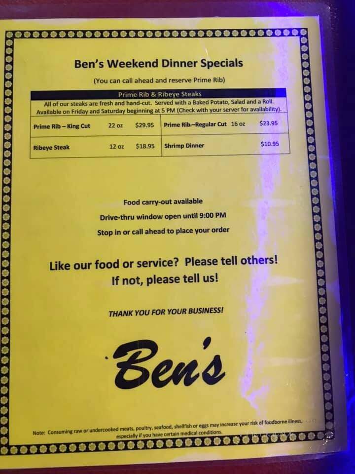 Ben's Bar - Shirley, IN menu_pic