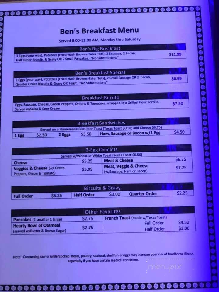 Ben's Bar - Shirley, IN menu_pic