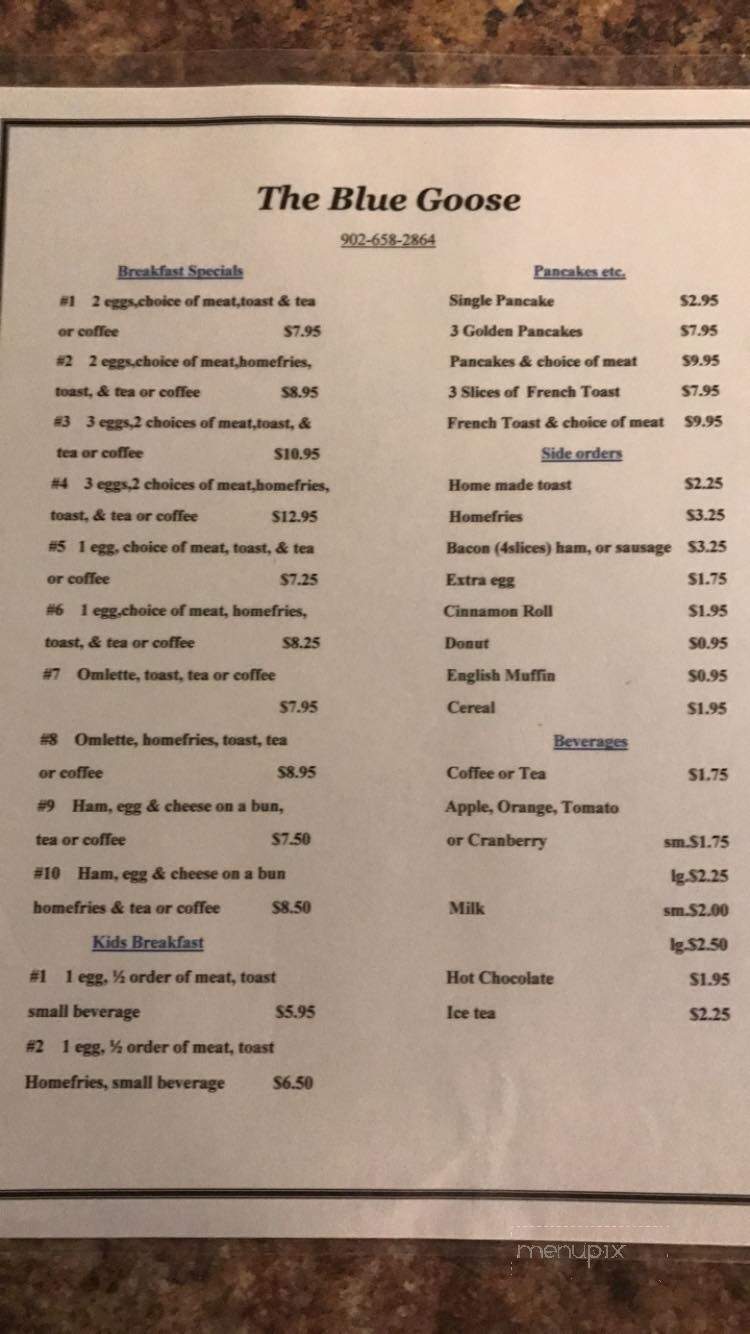 Blue Goose Restaurant & Bakery - Crapaud, PE menu_pic