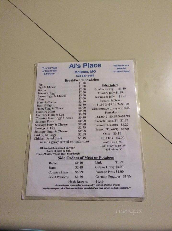 Al's Place - Mcbride, MO menu_pic