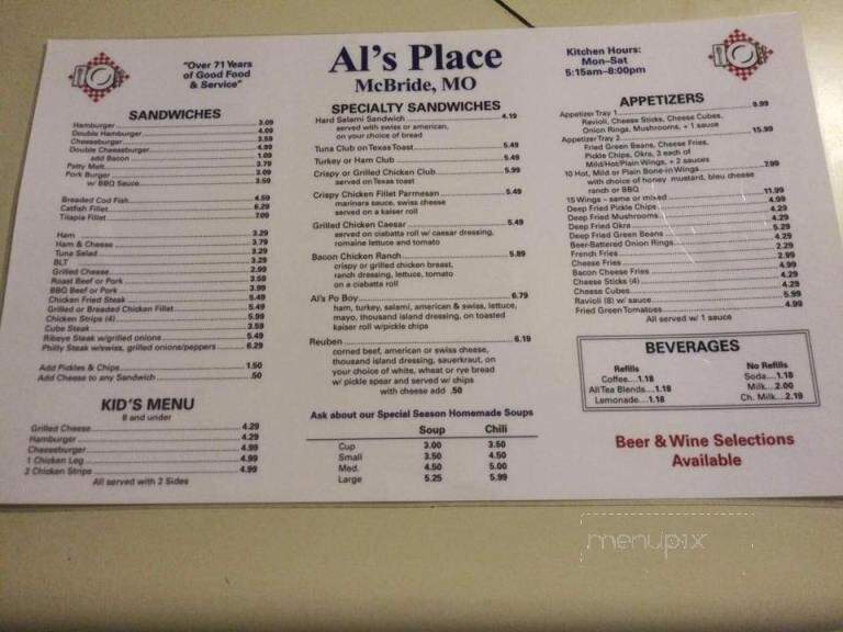 Al's Place - Mcbride, MO menu_pic
