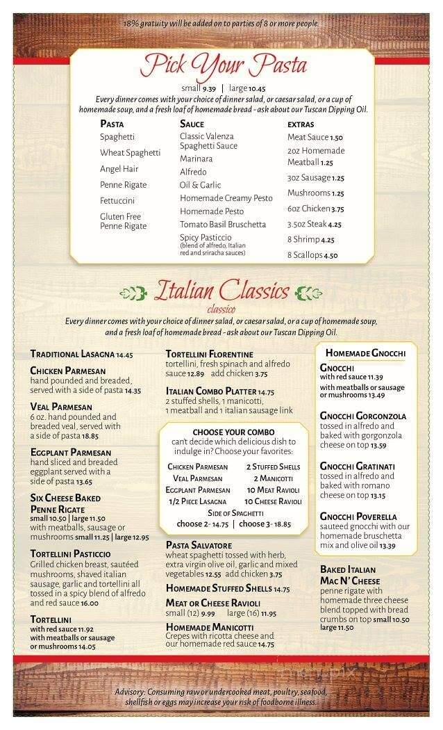 Valenza Restaurant - Meadville, PA menu_pic