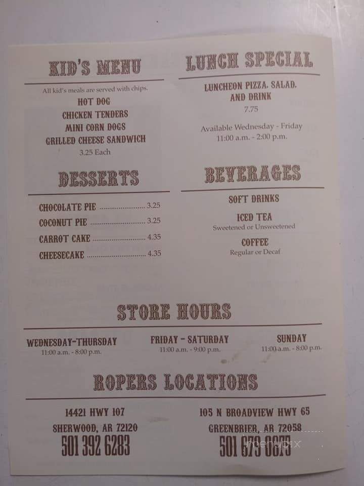 Roper's Restaurant - Beebe, AR menu_pic