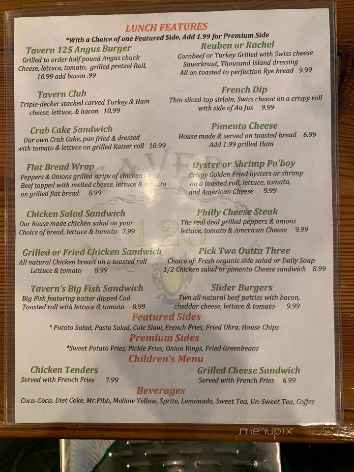 Tavern 125 - Murfreesboro, NC menu_pic