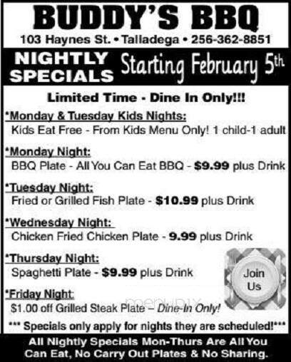Buddy's - Talladega, AL menu_pic