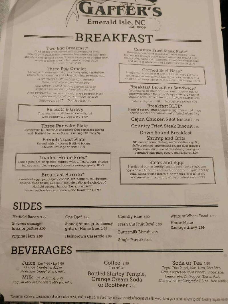 Gaffers - Emerald Isle, NC menu_pic