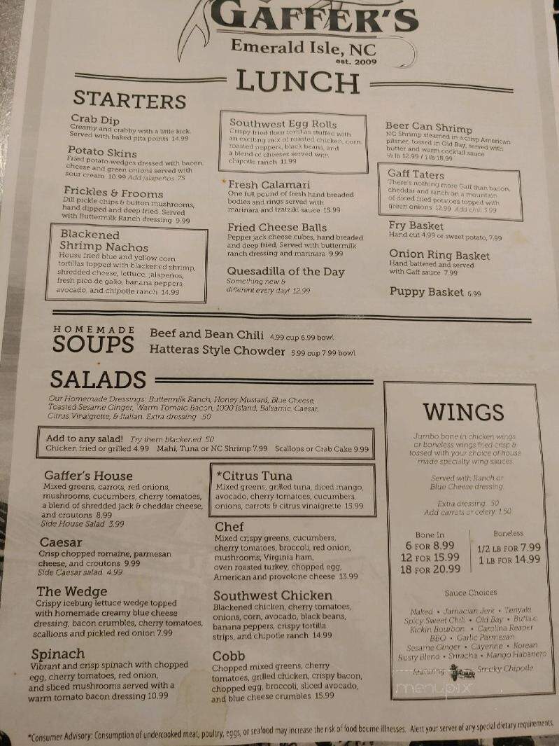 Gaffers - Emerald Isle, NC menu_pic