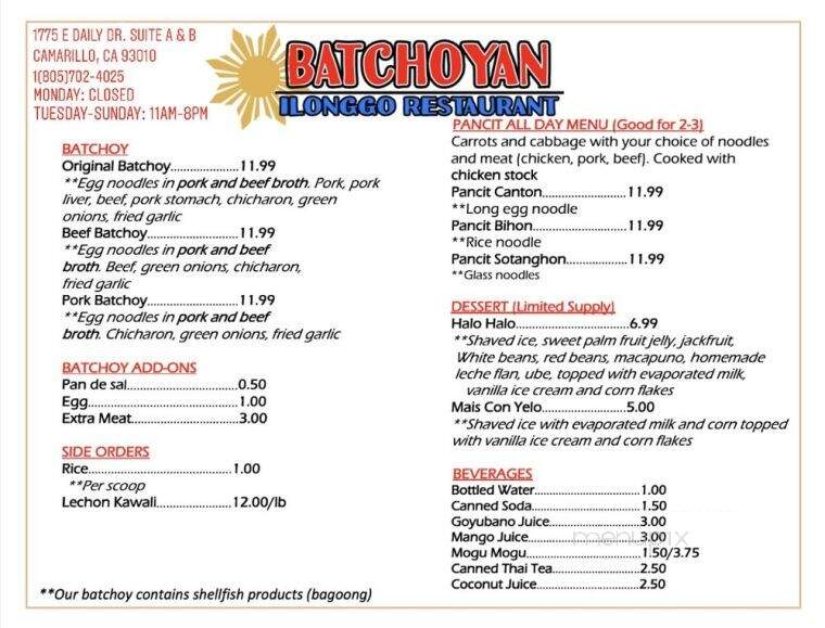Batchoyan Ilonggo Restaurant - Camarillo, CA menu_pic