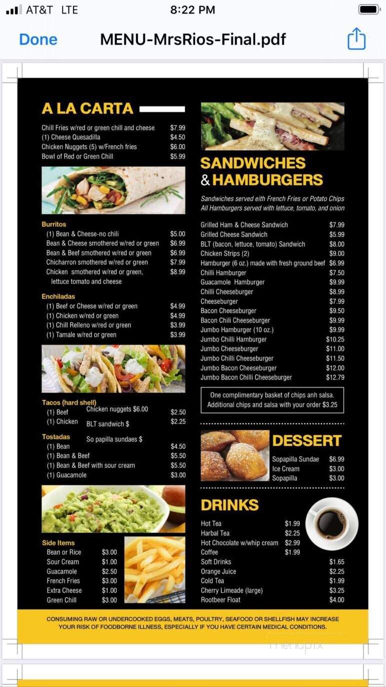 Mrs Rios Restaurant - San Luis, CO menu_pic