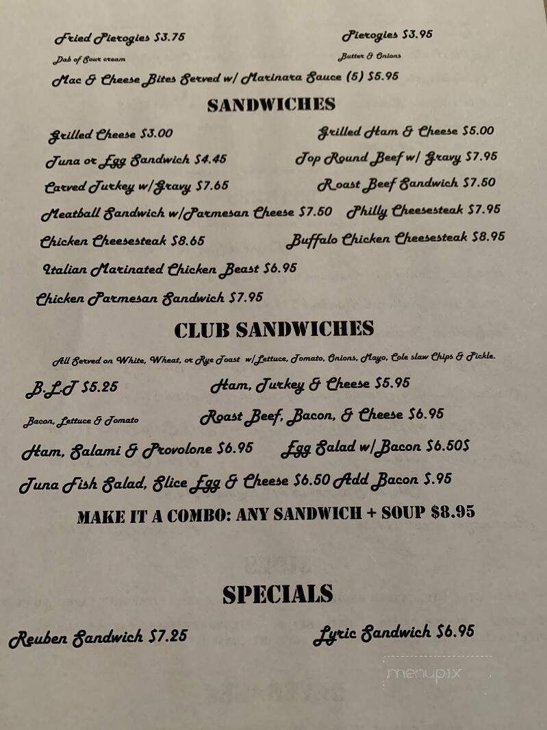 Lyric Restaurant - Shenandoah, PA menu_pic