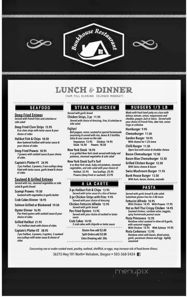 Bunk House Restaurant - Nehalem, OR menu_pic