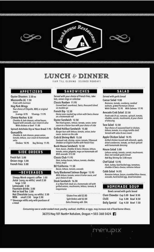 Bunk House Restaurant - Nehalem, OR menu_pic