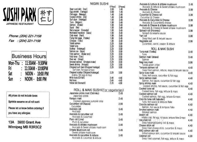 Sushi Park - Winnipeg, MB menu_pic