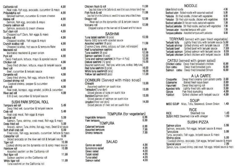 Sushi Park - Winnipeg, MB menu_pic