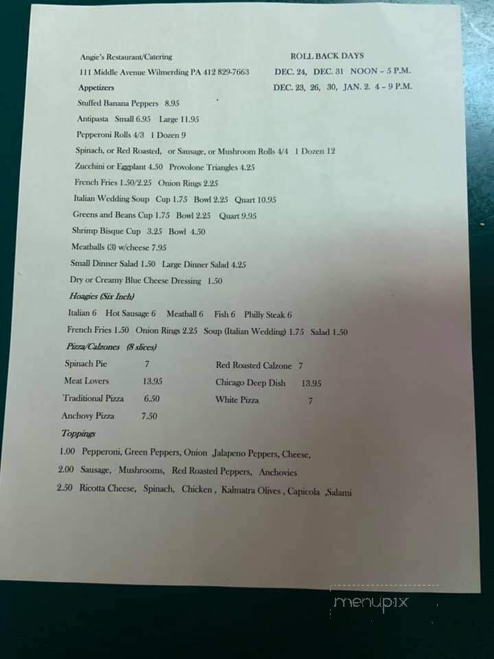 Angie's Restaurant - Wilmerding, PA menu_pic