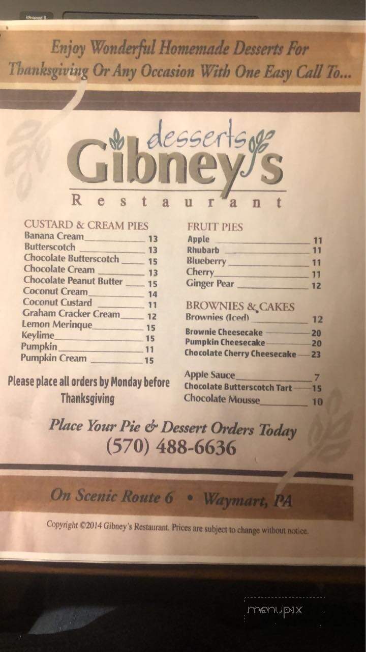 Gibney's Restaurant - Waymart, PA menu_pic