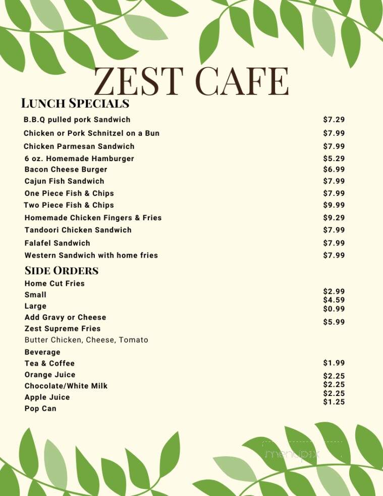 Menu of Zest Cafe in Guelph, ON N1K 1B8