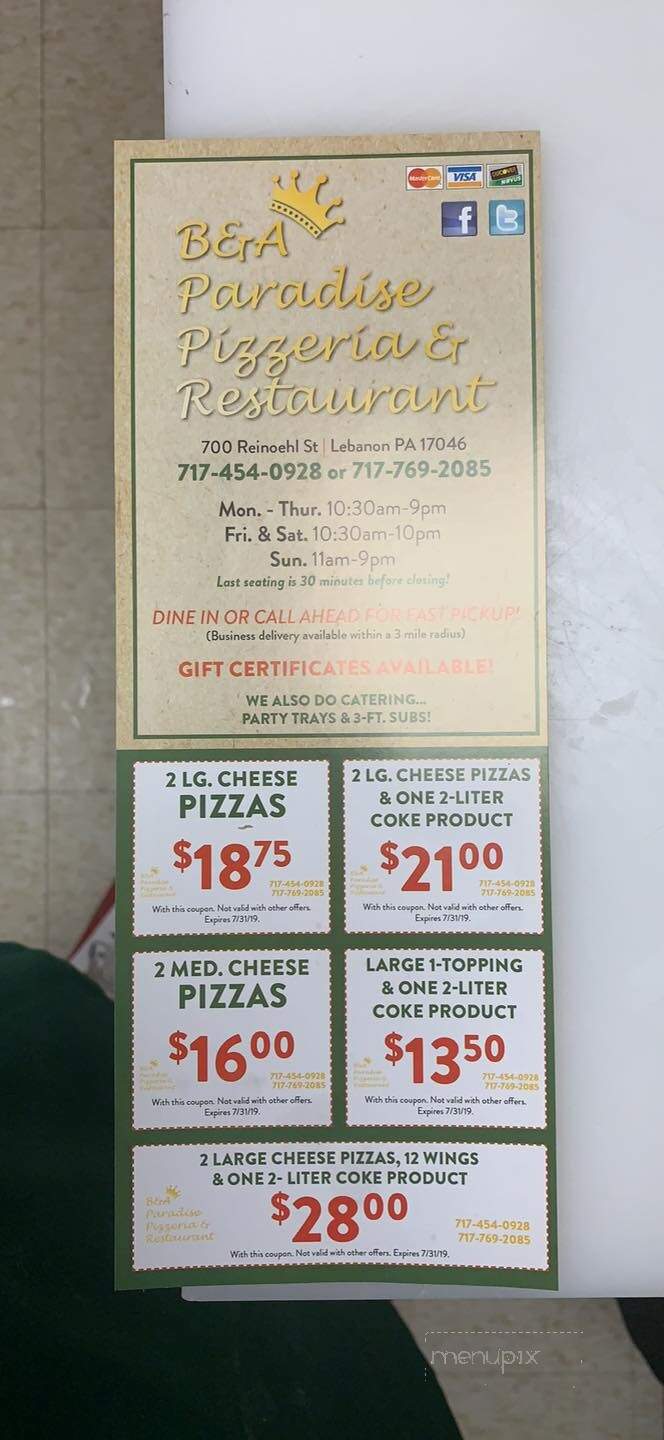 B&A Paradise Pizzeria & Restaurant - Lebanon, PA