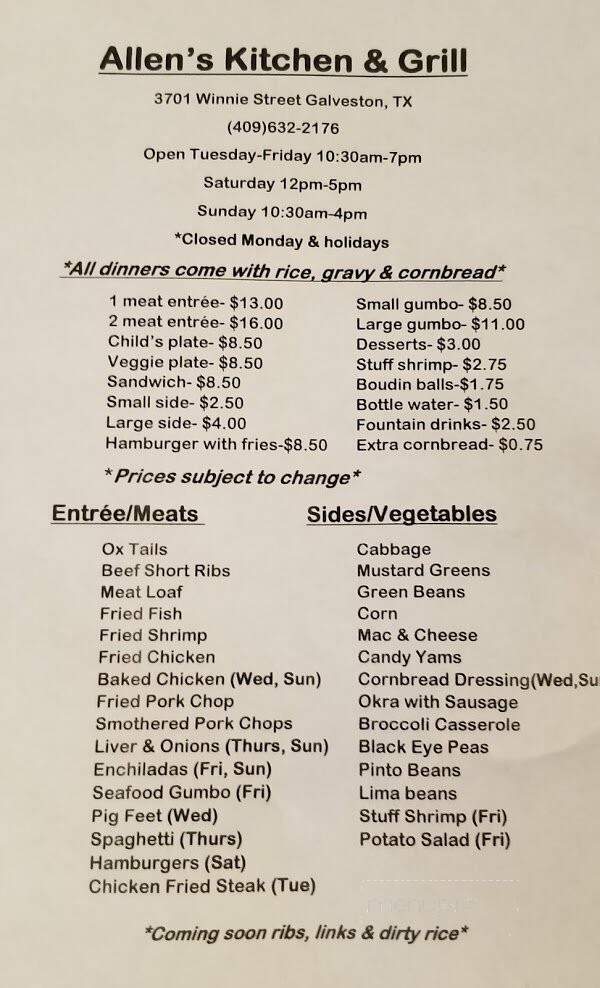 Allens Kitchen And Grill - Galveston, TX menu_pic