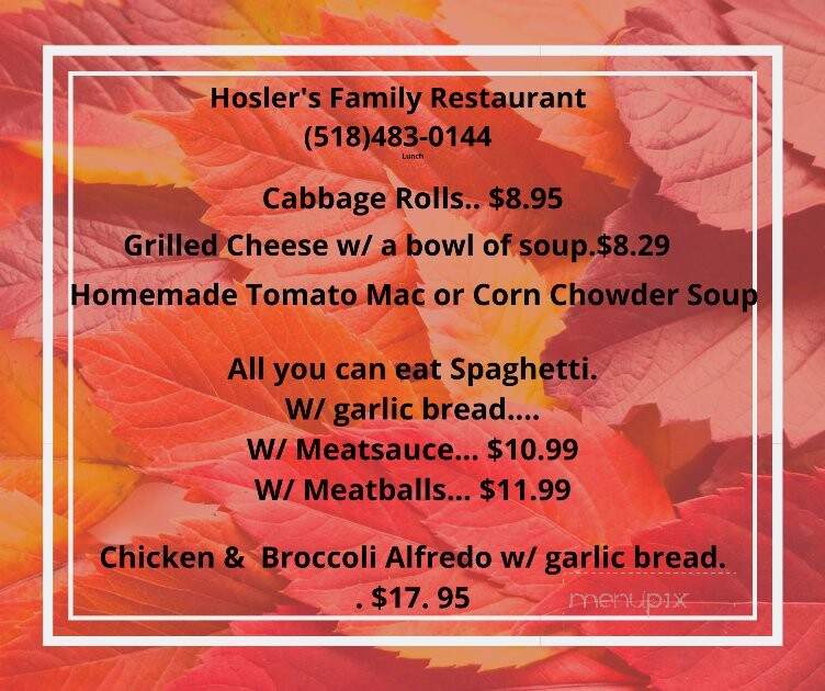 Hosler's Family Restaurant - Malone, NY menu_pic