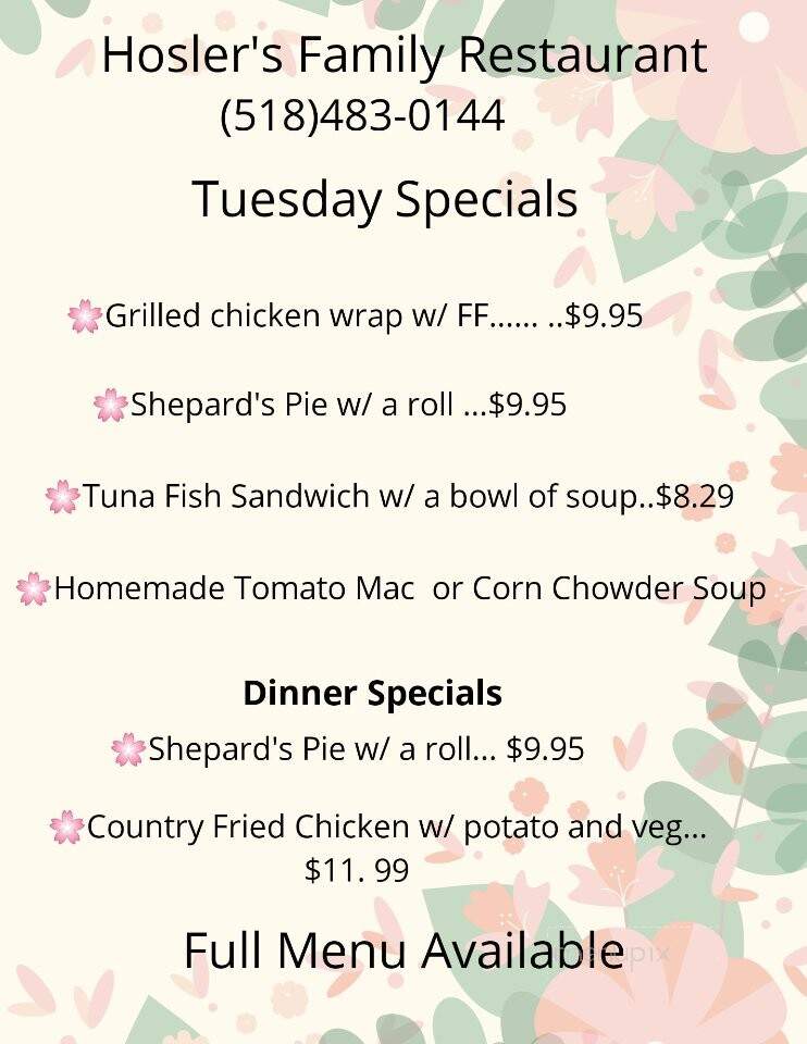 Hosler's Family Restaurant - Malone, NY menu_pic
