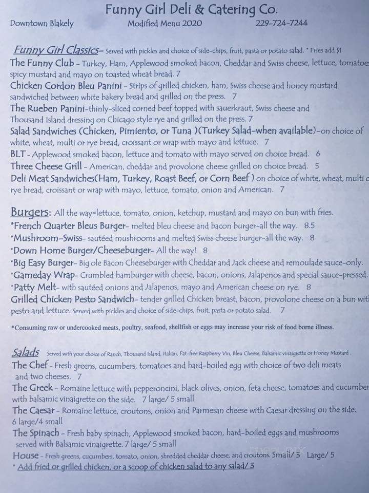 Funny Girl Deli - Blakely, GA menu_pic