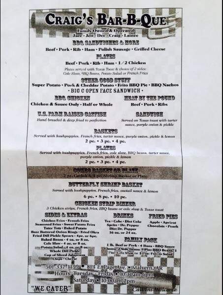 Craigs Bar-B-Que - Malvern, AR menu_pic