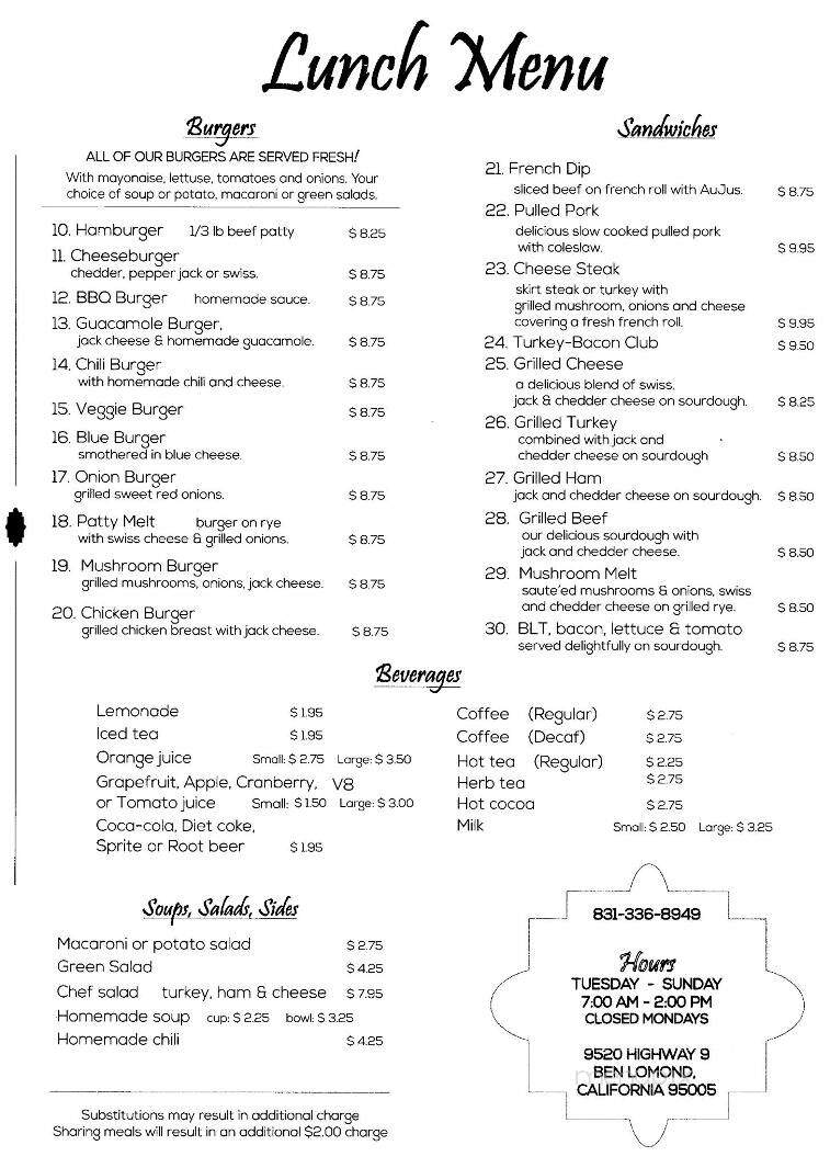 Spanky's - Ben Lomond, CA menu_pic