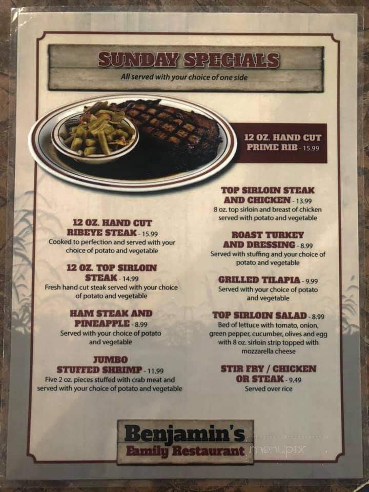 Benjamin's Restaurant - Covington, IN menu_pic