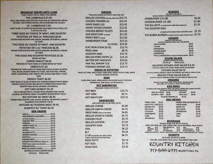 Menu Of Kountry Kitchen Restaurant In