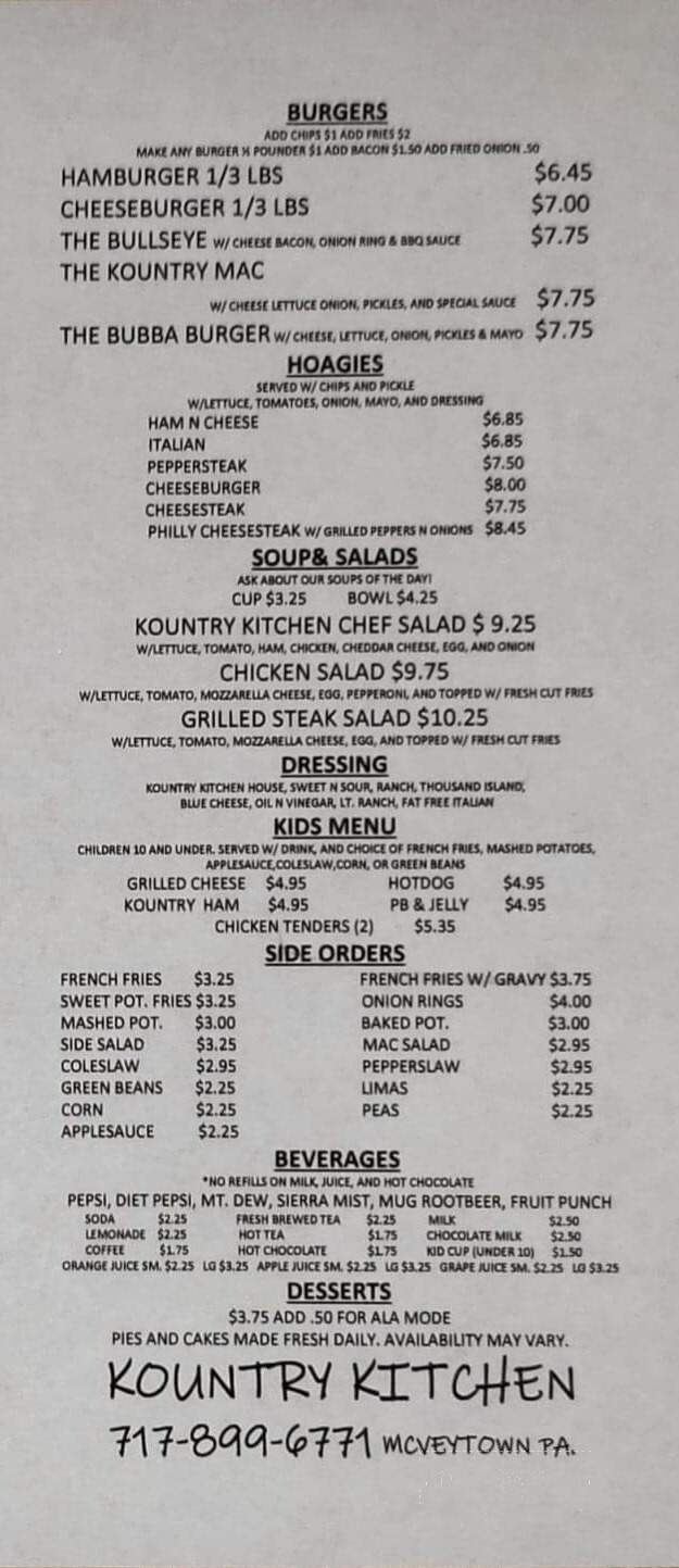 Kountry Kitchen Restaurant - McVeytown, PA menu_pic