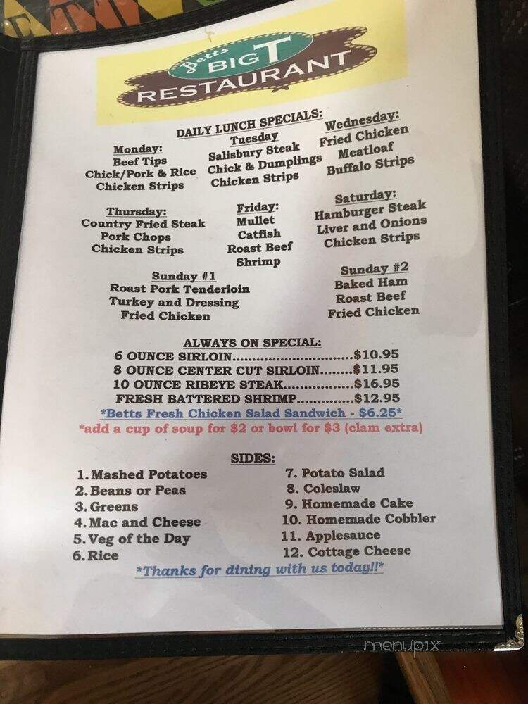 Bett's Big 'T' Restaurant - Chiefland, FL menu_pic
