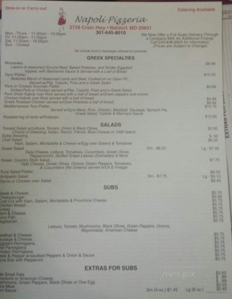 Napoli Pizzeria - Waldorf, MD menu_pic