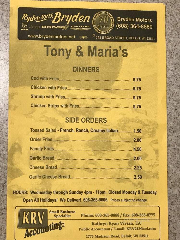 Tony & Maria's - Beloit, WI menu_pic