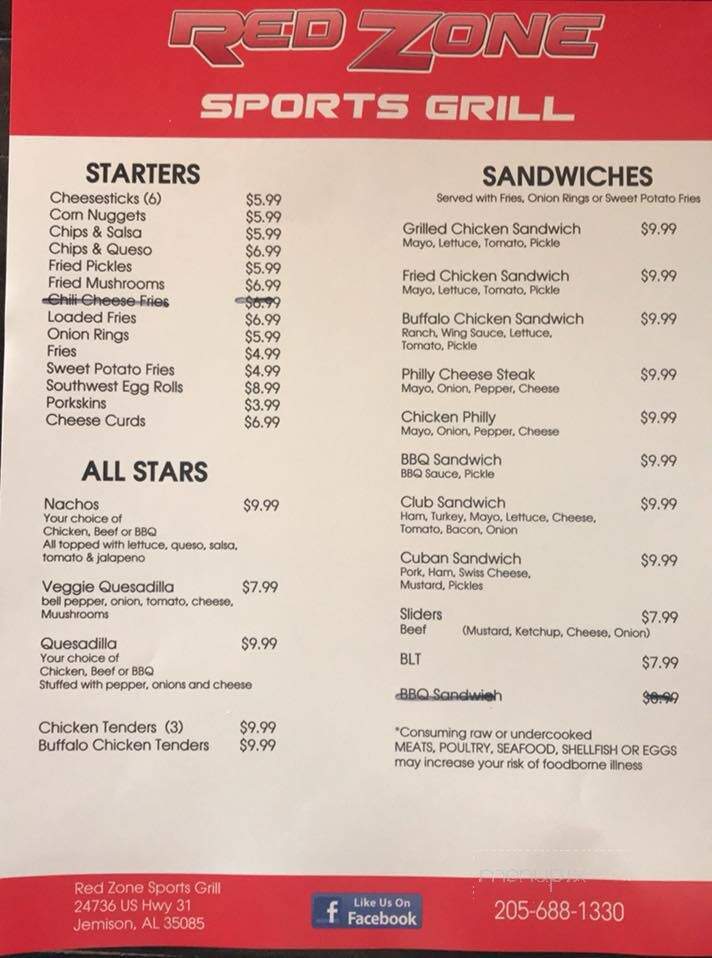 Red Zone Bar & Grill - Jemison, AL menu_pic