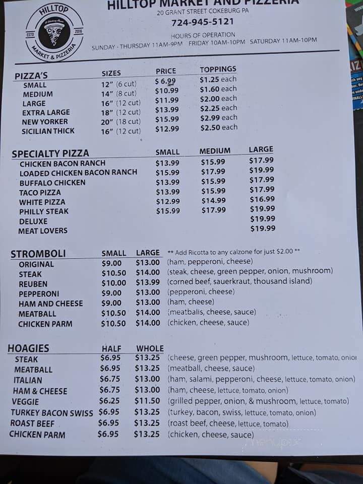 Hilltop Market and Pizzeria - Cokeburg, PA menu_pic