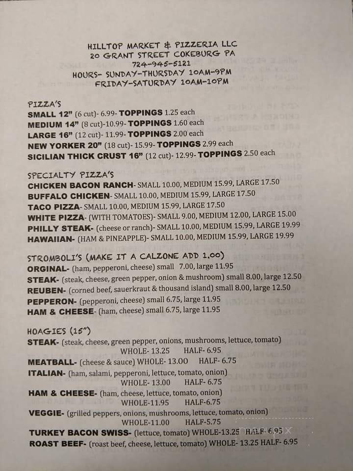 Hilltop Market and Pizzeria - Cokeburg, PA menu_pic