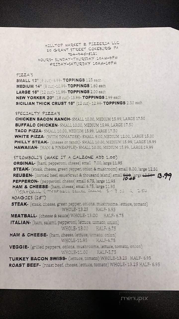 Hilltop Market and Pizzeria - Cokeburg, PA menu_pic