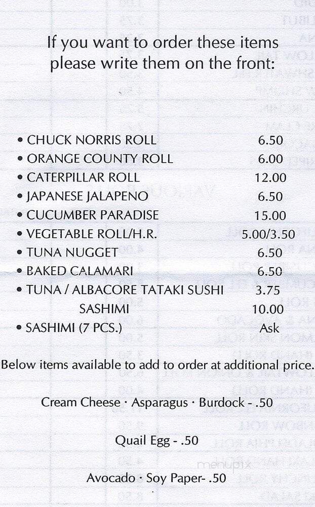 Tommy's Sushi Japanese - Tustin, CA menu_pic