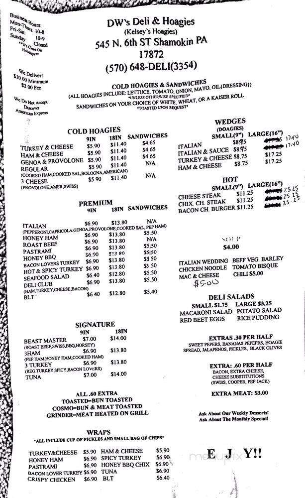 DW's Deli & Hoagies - Shamokin, PA menu_pic