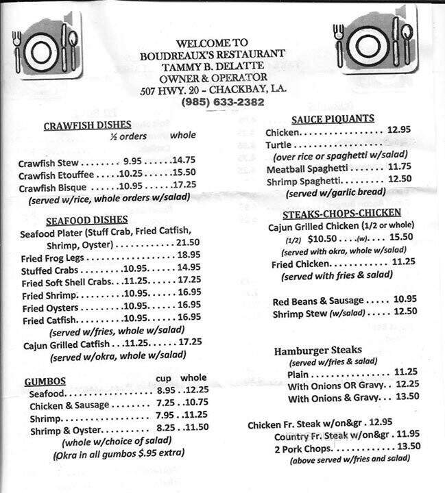 Boudreaux's Restaurant - Thibodaux, LA menu_pic